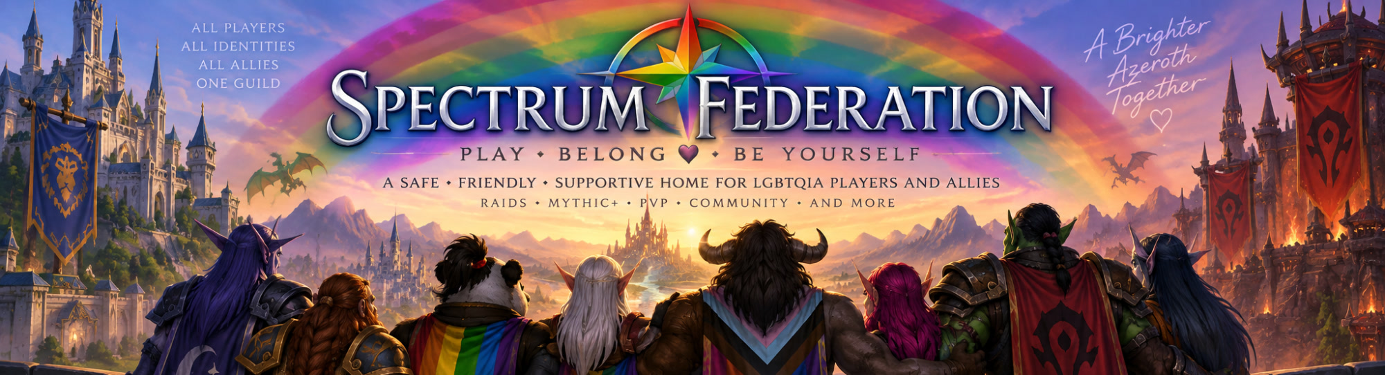 Spectrum Federation guild banner: Alliance and Horde adventurers looking toward a rainbow over Azeroth. Play, belong, be yourself.